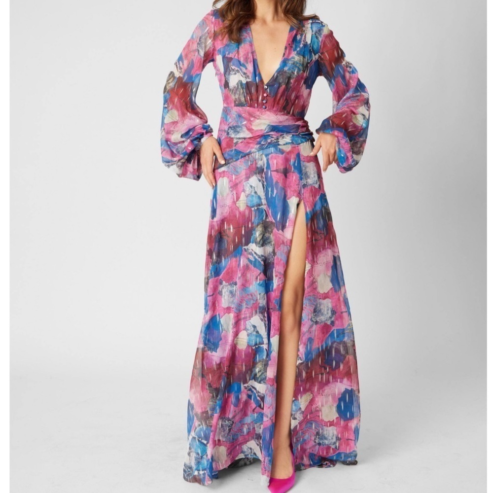 NWT ADRIENNE LANDAU Watercolor Long Blouson Sleeve V-Neck High Slit Dress Size 2